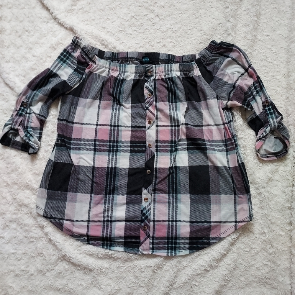 Rue+ Black and Pink Plaid Flannel Off The Shoulder Top 1X Cottagecore Prairie